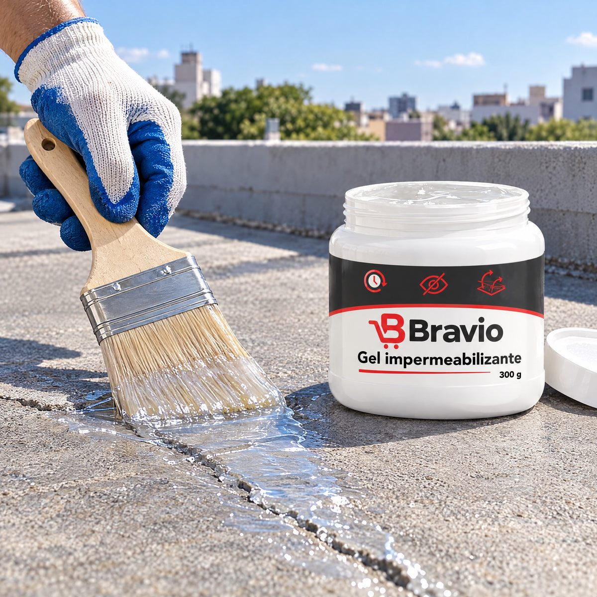 Gel impermeabilizante Bravio sellando grietas en la terraza
