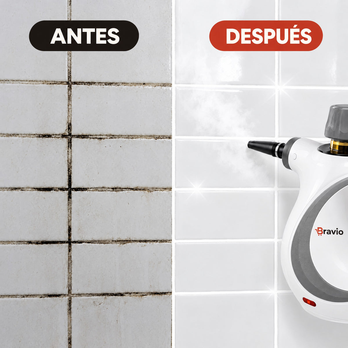 VaporMax Bravio antes y después en juntas del baño
